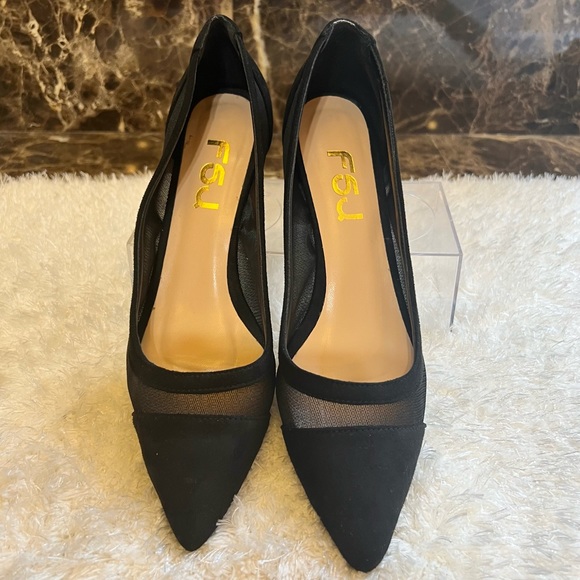 FSJ~ Pointed Toe~Bejeweled Chunky Block Heel Pump~Black Faux Suede & Mesh~Sz 8.5 - Picture 3 of 5